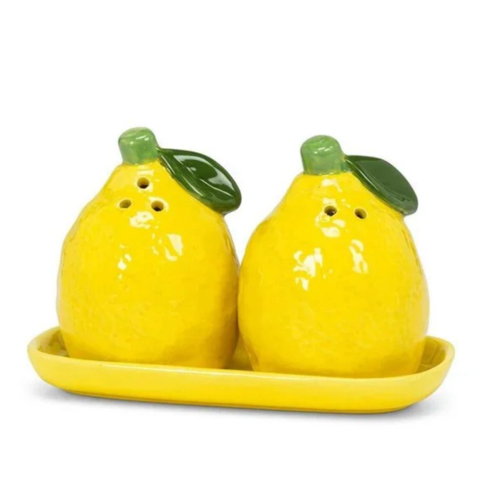 Abbott Collection Lemon Salt & Pepper Shakers Set w/ Tray | Ceramic Kitchen Deco